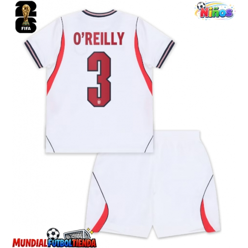 Camiseta Inglaterra Nico O'Reilly #3 Primera Equipación Replica Mundial 2026 para niños mangas cortas (+ Pantalones cortos)